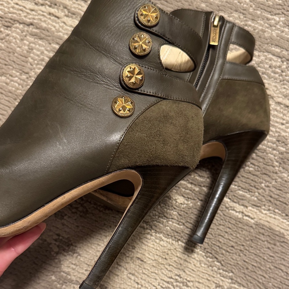 Jimmy Choo Dark Olive Heeled Boots with Gold Buttons - Picture 4 of 8